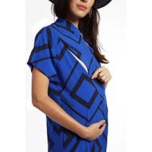 Loyal Hana Blue + Black Geometric Short Sleeve Nursing Friendly Blouse, M